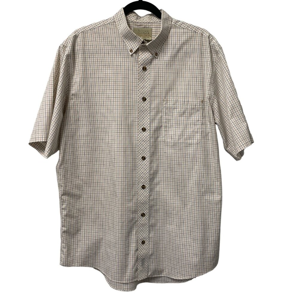 CABELAS SHIRT BUTTON DOWN PLAID 100% COTTON OUTFITTER SERIES MENS SHORT SLEEVE